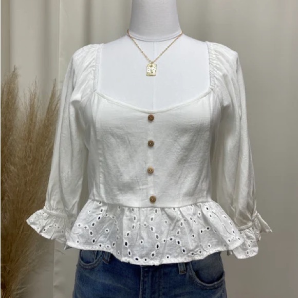 Square Neck Peplum Top with Eyelet Detail - Picture 2 of 5